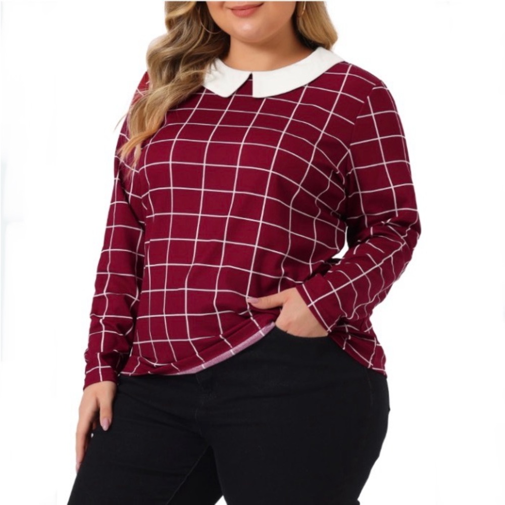 Plus Size Windowpane Tops Peter Pan Long Sleeve Plaid Shirt Blouses, Size 2X
